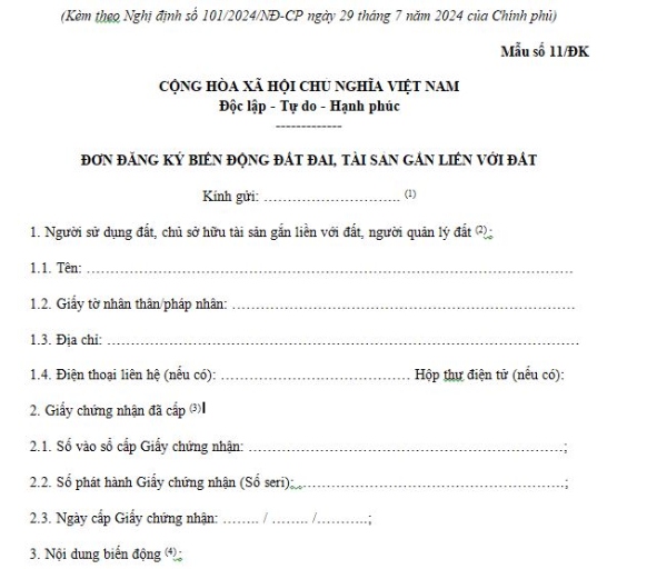 Hồ sơ thủ tục bố mẹ cho con đất theo mẫu số 11/ĐK theo Nghị định 101/2024/NĐ-CP