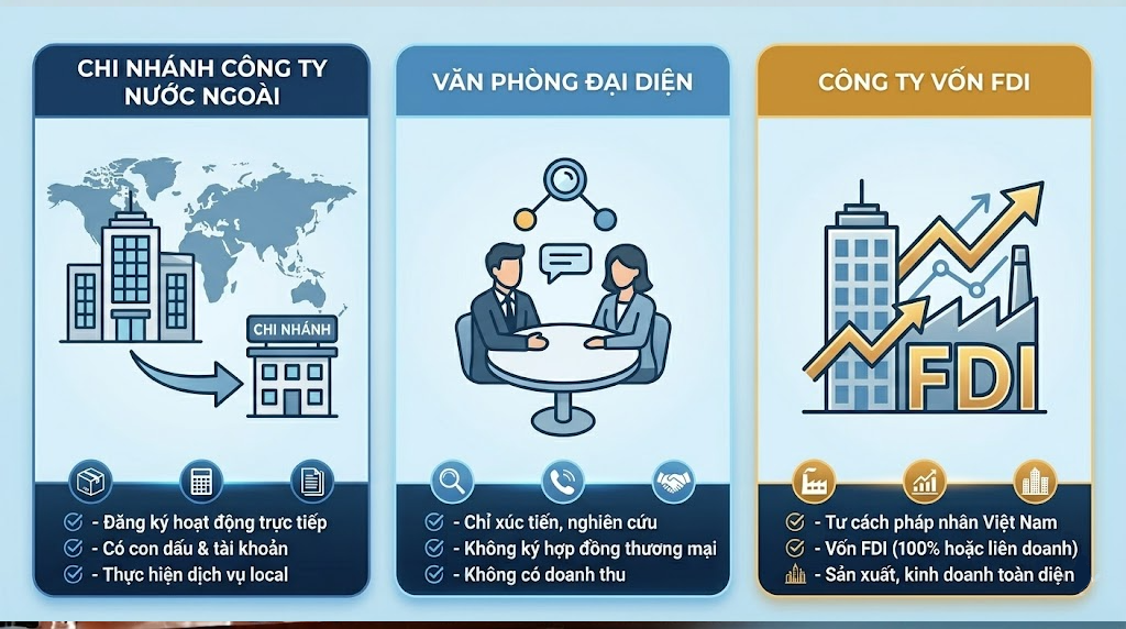 Phân biệt 3 hình thức: Chi nhánh công ty nước ngoài, Văn phòng đại diện và Công ty vốn FDI